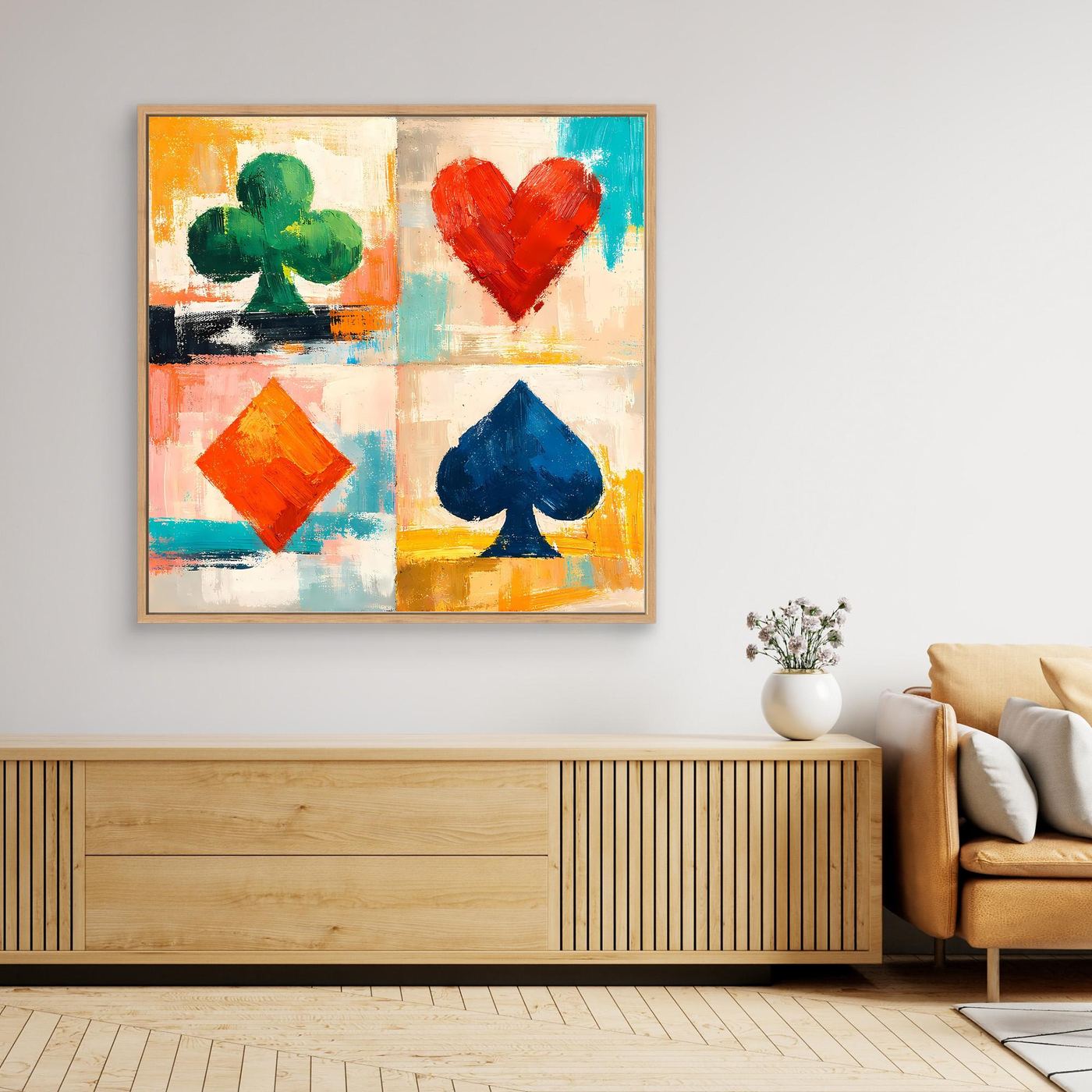 Quadratisches Leinwand-Wandbild mit bunten Spielkarten-Symbolen: Herz, Karo, Pik, Kreuz