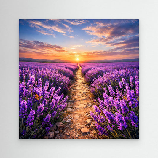 Leinwandbild Lavendelfeld mit Kiesweg und Sonnenuntergang, mit dunklem Rand