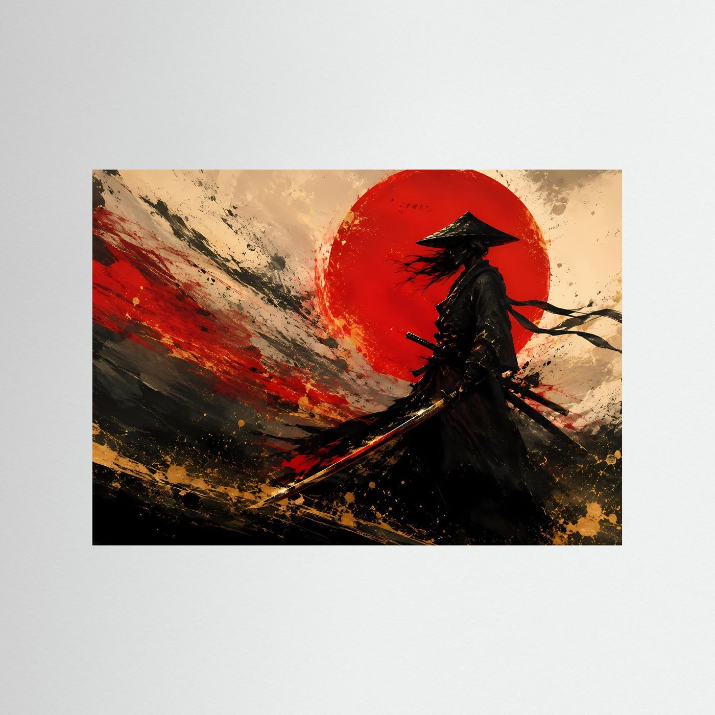 Samurai vor der Roten Sonne | Abstrakte Japanische Wandkunst in Schwarz, Gold & Rot