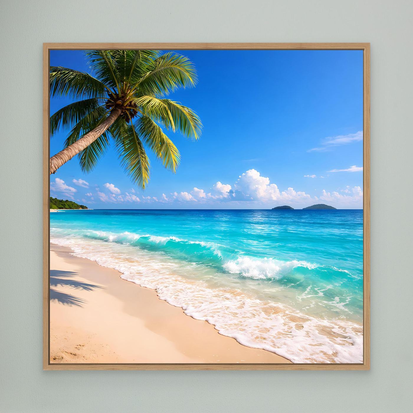 Leinwandbild Strand mit Palme, türkisfarbenes Meer und Wellen, gerahmt in hellem Holz