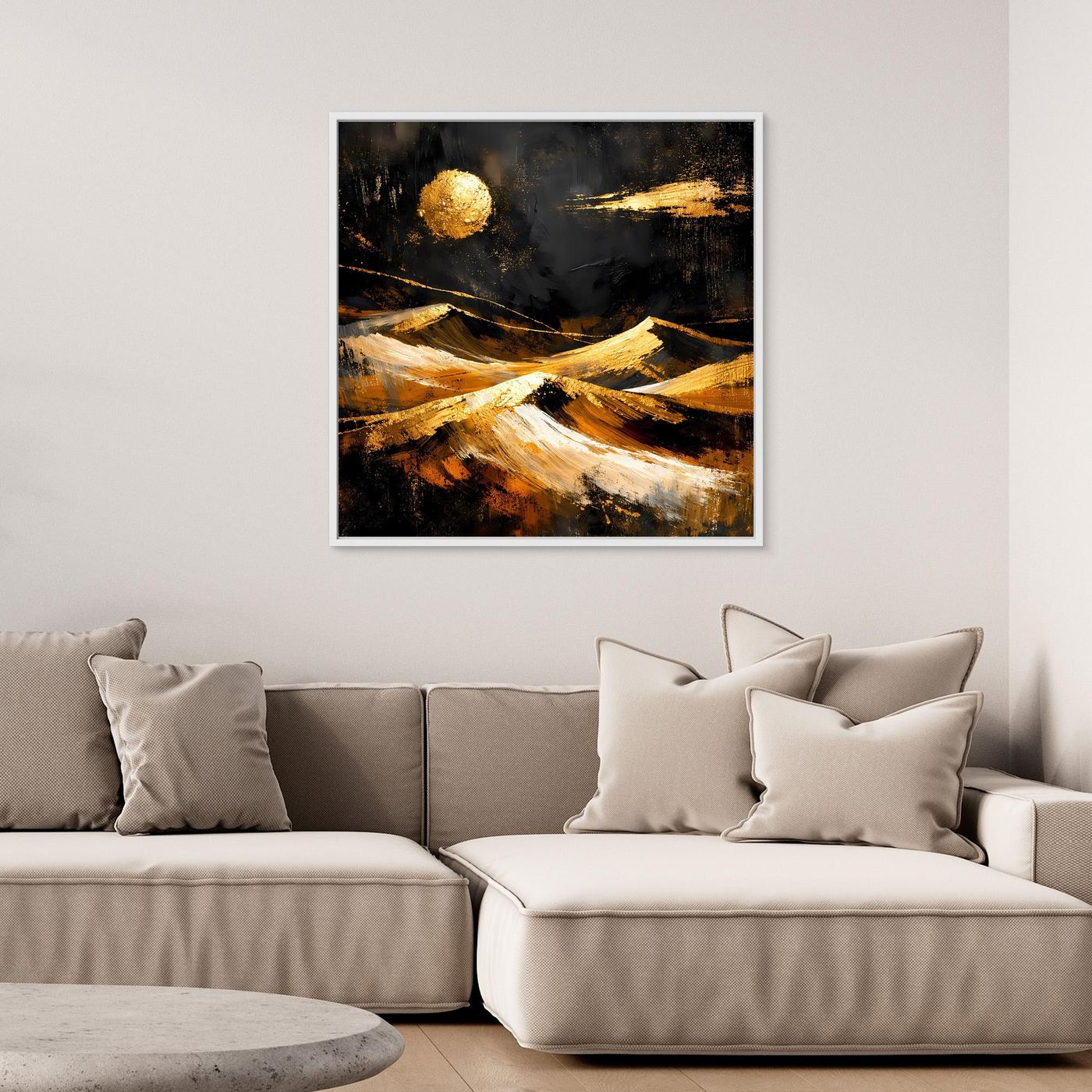 Leinwand Goldene Wüstenlandschaft bei Nacht | Abstraktes Dünen Wandbild Modern