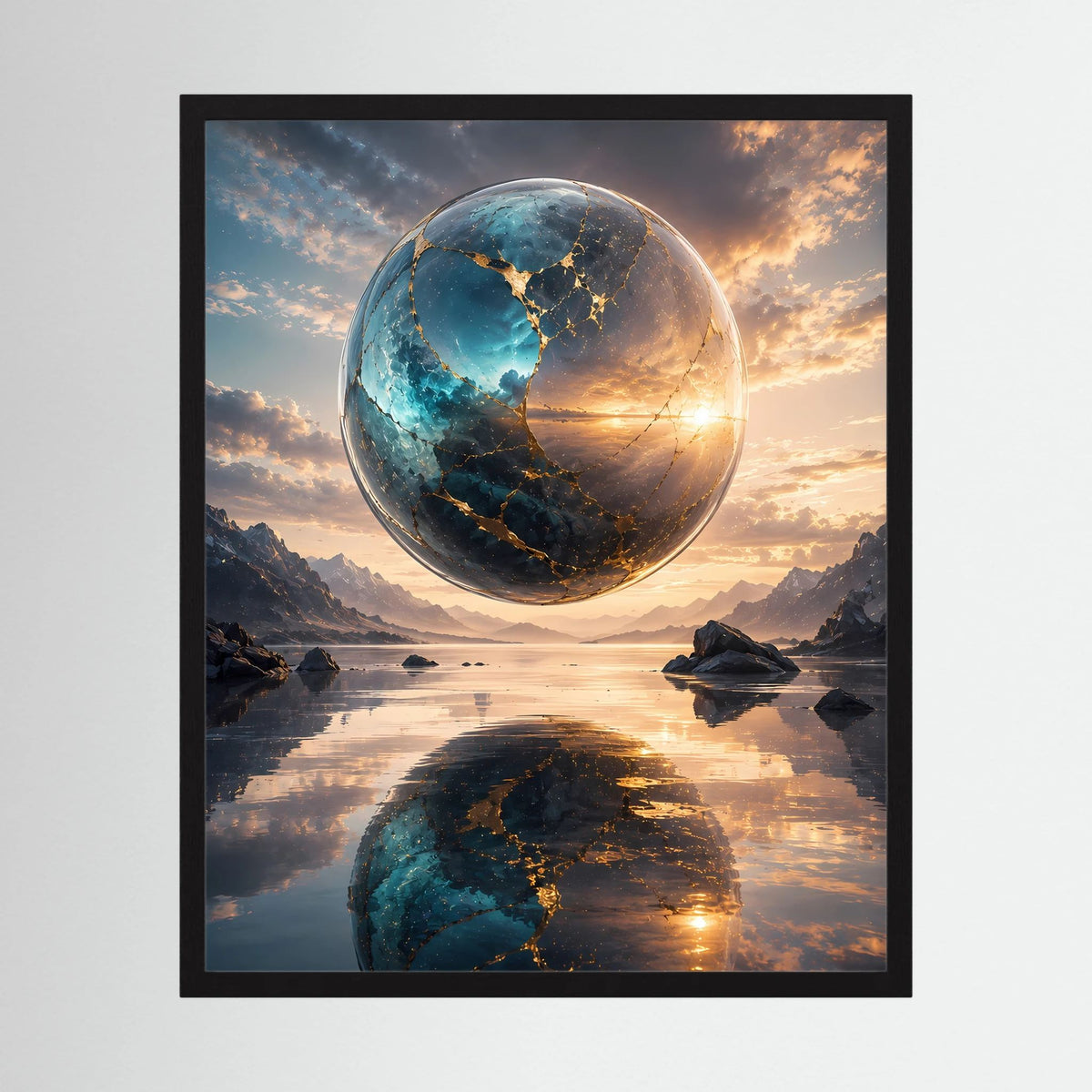 Schwarz gerahmtes Hochformat-Poster mit blauer Erdkugel und goldener Spiegelung im Wasser