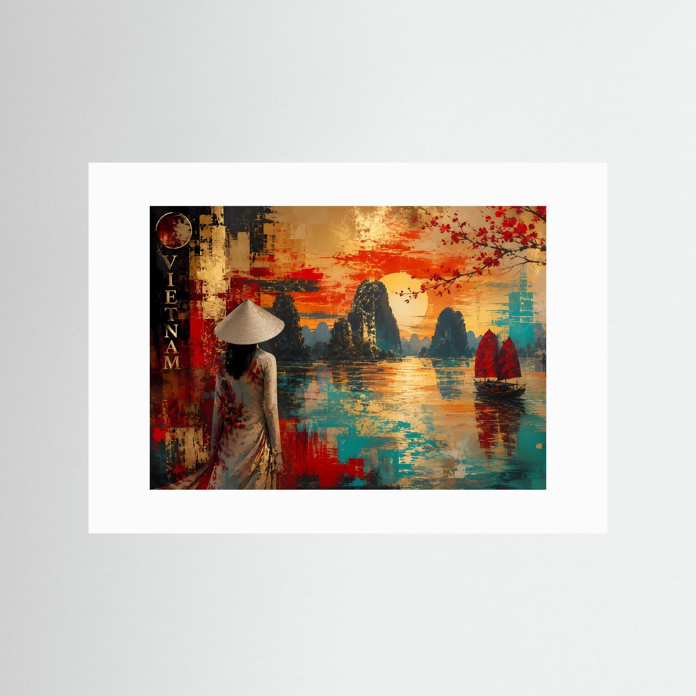 Querformatiges Kunstposter mit weißem Passepartout: Frau im Hut, Boot und Felsen in Rot-Türkis.