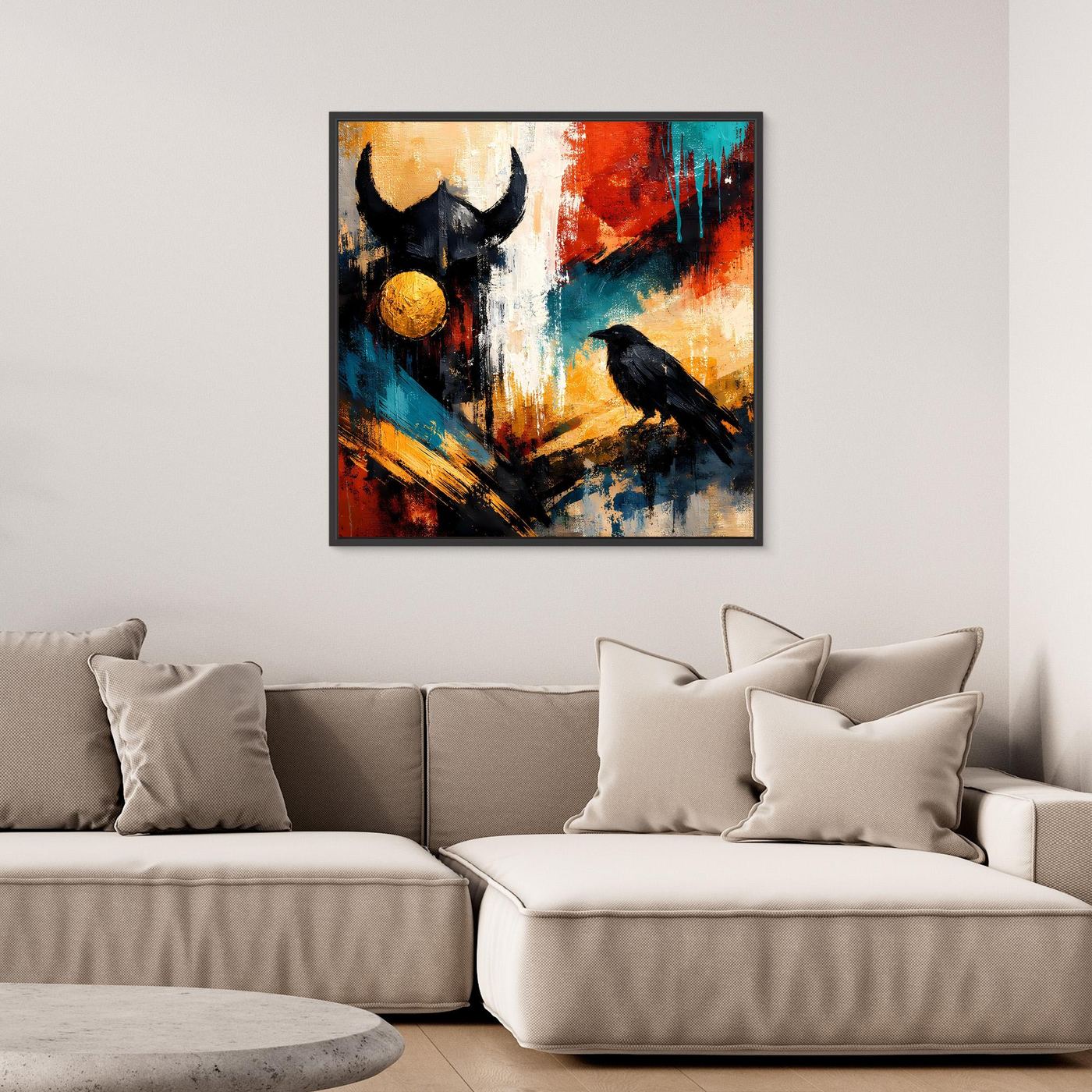 Leinwand-Wandbild mit schwarzem Rahmen, schwarzer Rabe und Odin-Gestalt, abstrakt in Blau, Rot, Gold