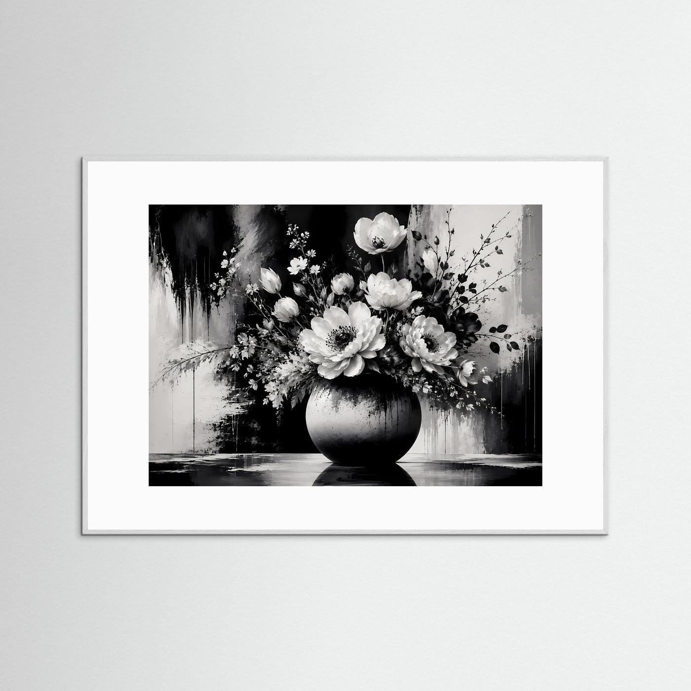 Schwarz Weiß Blumen Poster | Eleganter Blumenstrauß in Vase | Moderne Florale Wandkunst | Monochromes Wandbild