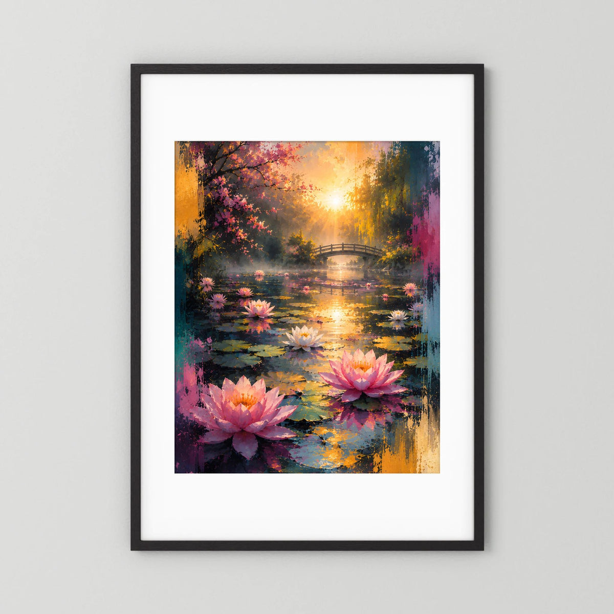 Gerahmtes Poster: Seerosen auf Wasser mit Brücke; warmes Sonnenlicht über dem See.