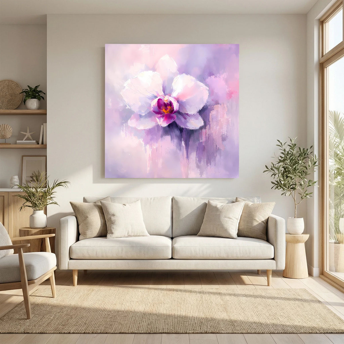 Quadratisches Leinwand-Wandbild mit abstrakter Orchideenblüte in Lila, Pink und Weiß