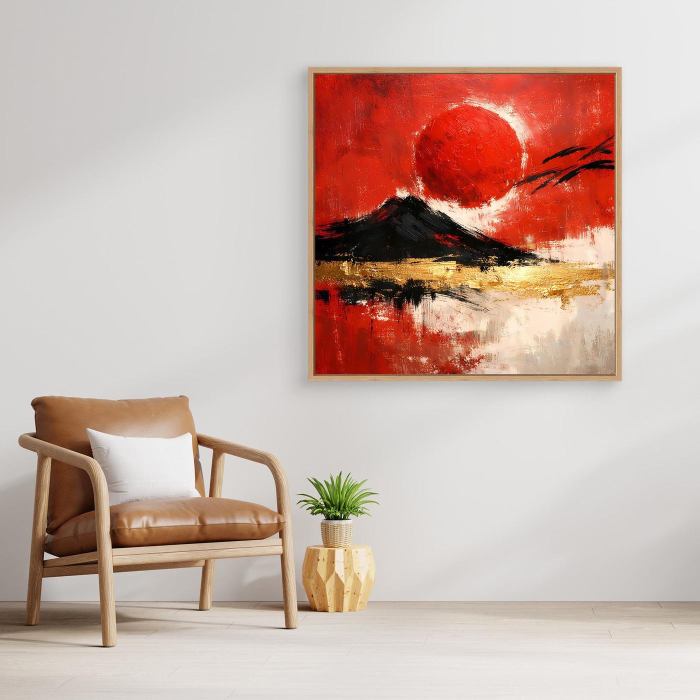 Leinwand Abstraktes Japan Wandbild in Rot und Gold | Modernes Fuji & Rote Sonne Gemälde