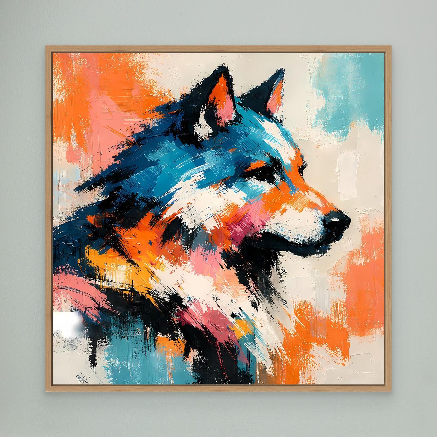 Leinwand-Wandbild mit abstraktem Wolf in Pop-Art, orange-blau, Eichenrahmen