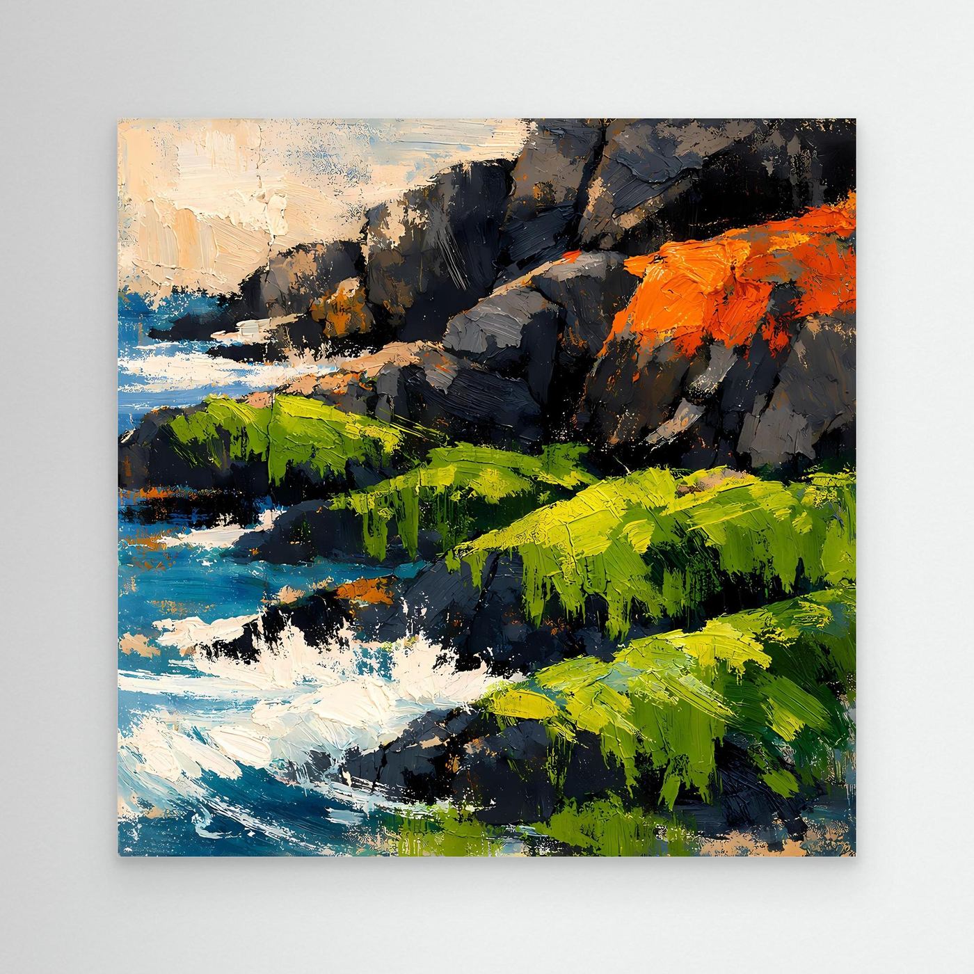 Leinwandbild mit abstrakter Küste: grüne Hügel, blaue See, orange Felsakzente