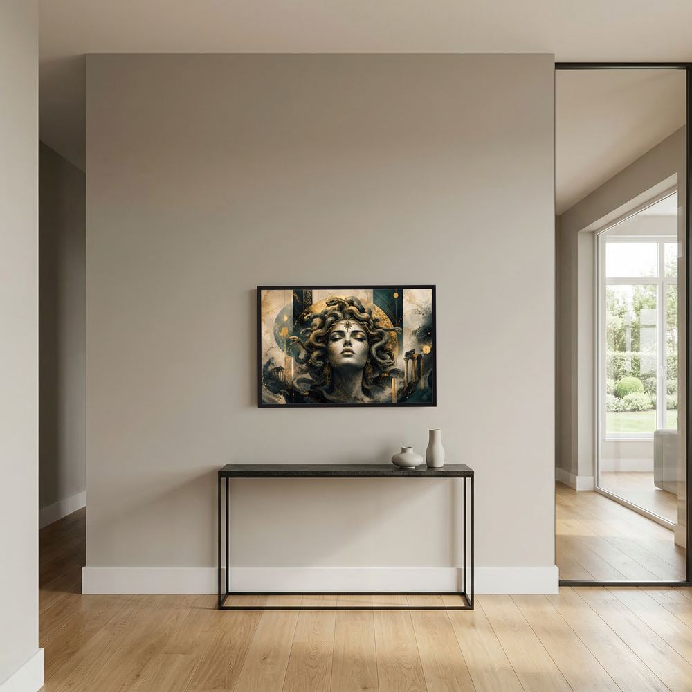 Gerahmtes Querformat-Poster mit Medusa, goldenen Schlangen, schwarz-grauem Porträt, schwarzer Rahmen