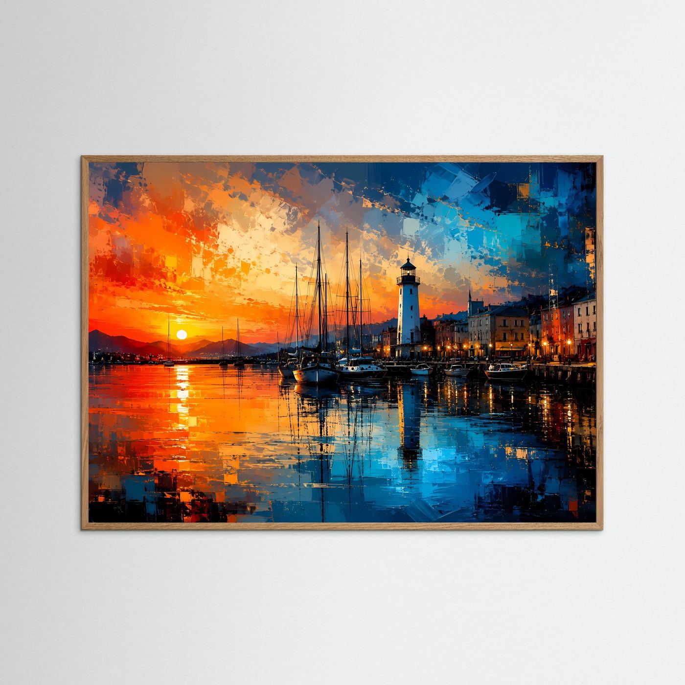 Leuchtturm am Hafen bei Sonnenuntergang | Modernes Küsten & Maritimes Poster Querformat