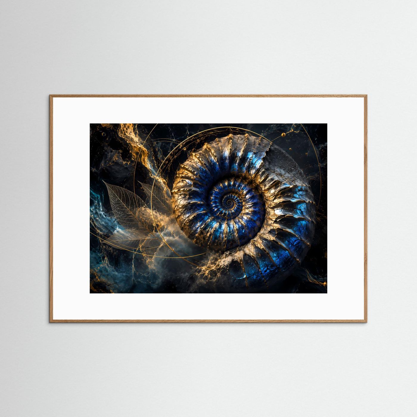 Goldener Ammonit in Tiefblau | Luxuriöse Fossil Kunst mit kosmischer Eleganz