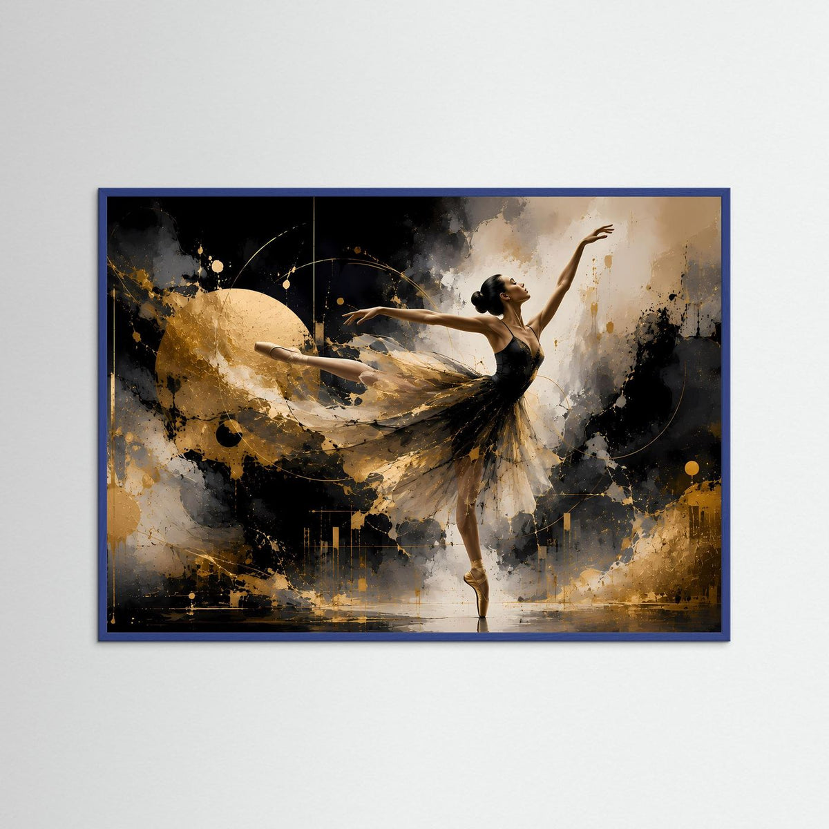 Abstraktes Wandbild mit Ballerina in schwebender Haltung, schwarz-goldene Farbwirbel im Querformat