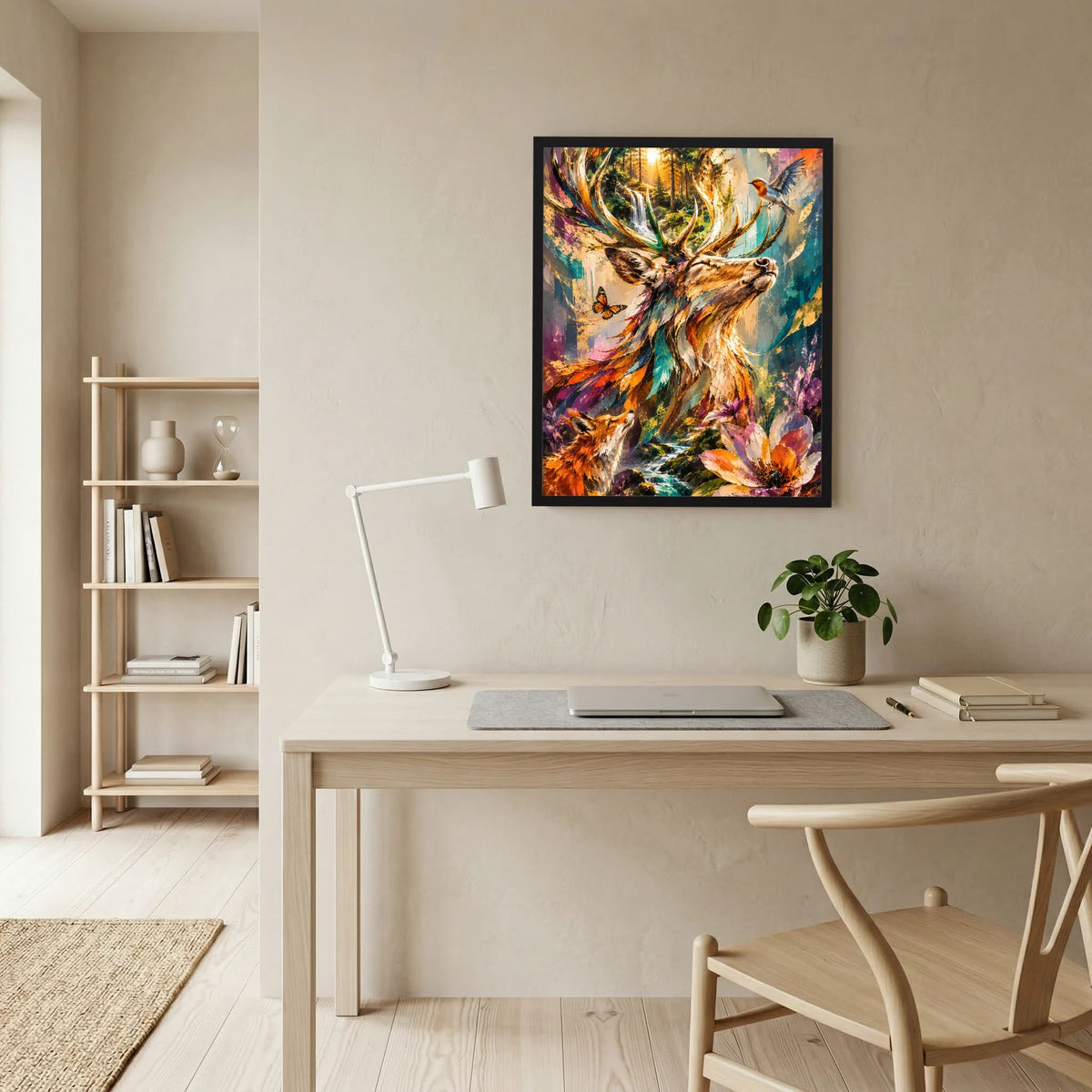 Hochformat-Poster im schwarzen Rahmen mit Hirschkopf, Geweih und Vogel über Blumen
