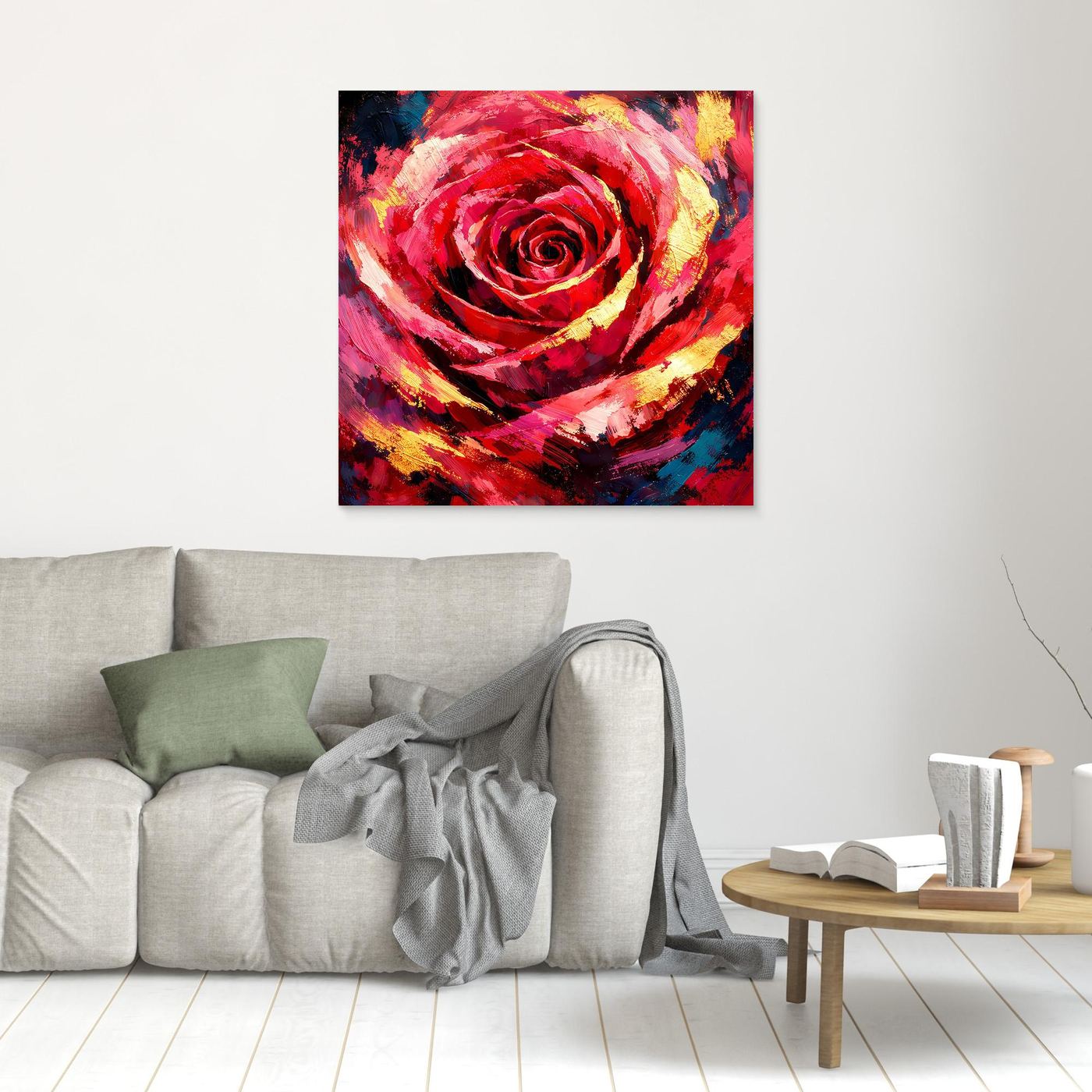 Leinwandbild mit abstrakter Rosenblüte in Rot und Blau, gelbe Akzente, klein im Raum