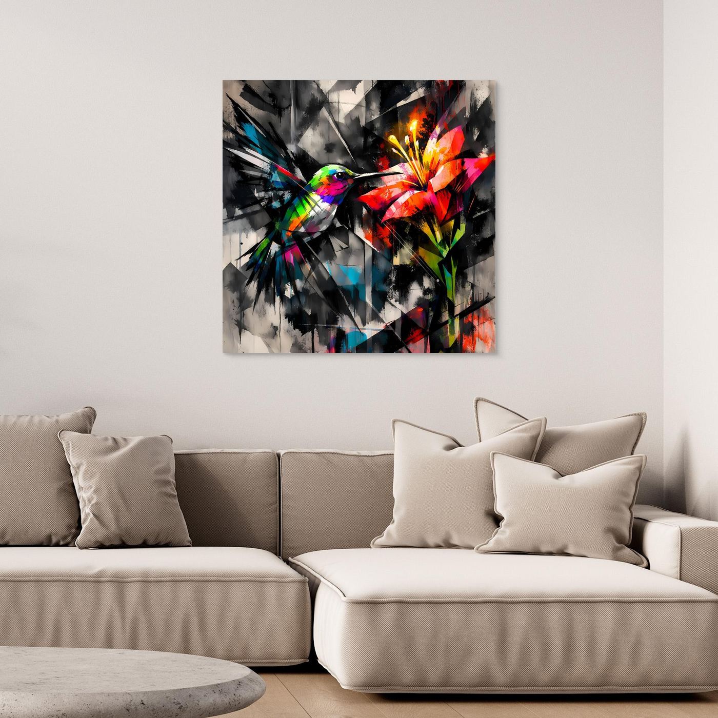 Leinwandbild Farbintensiver Kolibri | Abstraktes Geometrisches Wandbild auf Keilrahmen