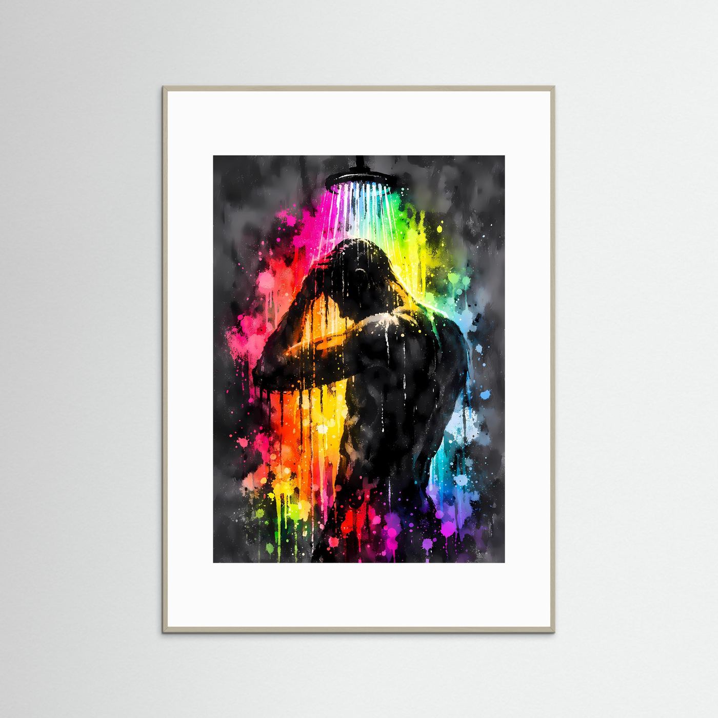 Die Kunst der Erfrischung | Neon Dusch-Poster mit männlicher Silhouette & Regenbogen-Farben | Abstraktes Pop-Art Kunstposter Hochformat