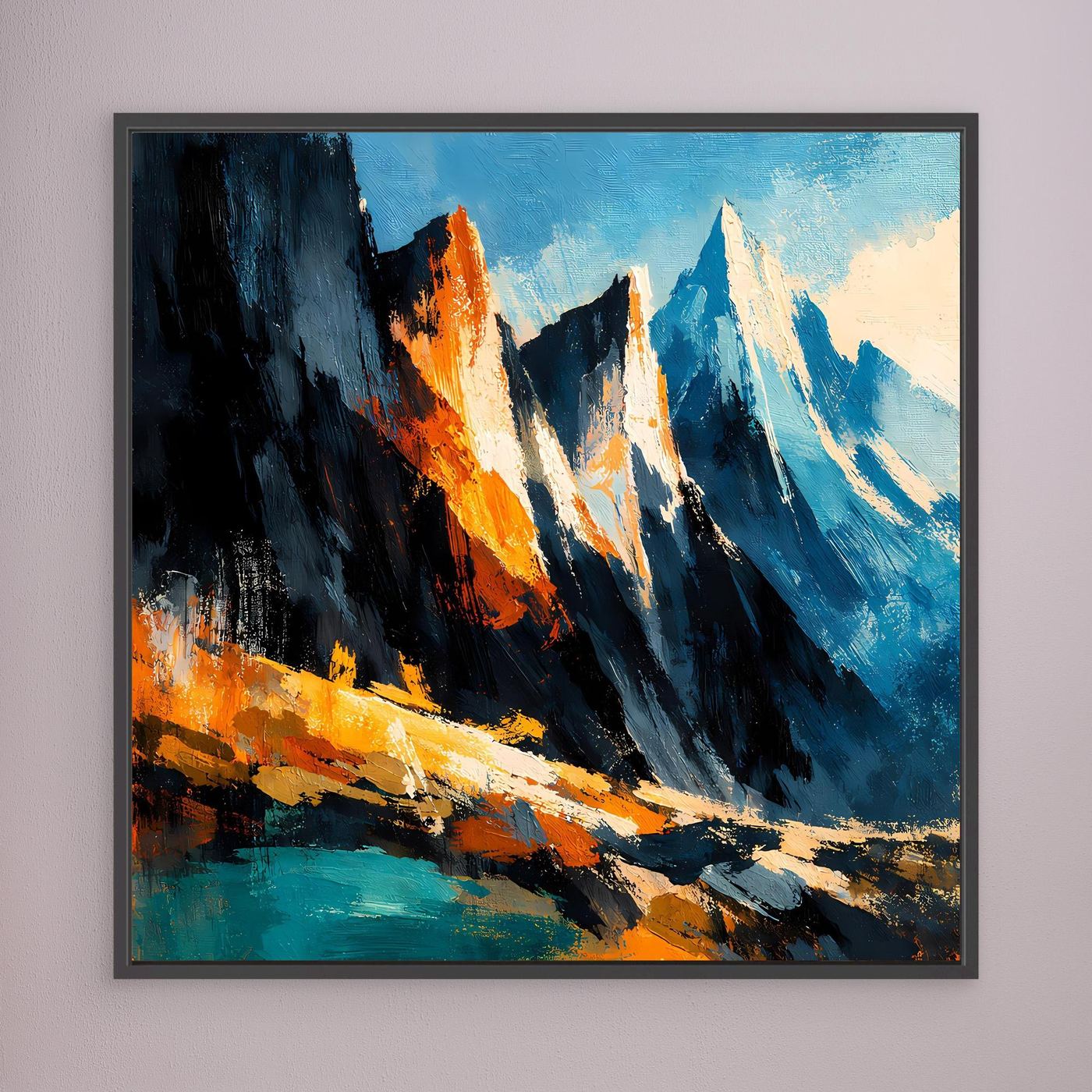 Wandbild mit abstrakten Bergspitzen in Blau, Schwarz und Orange, schwarz gerahmt