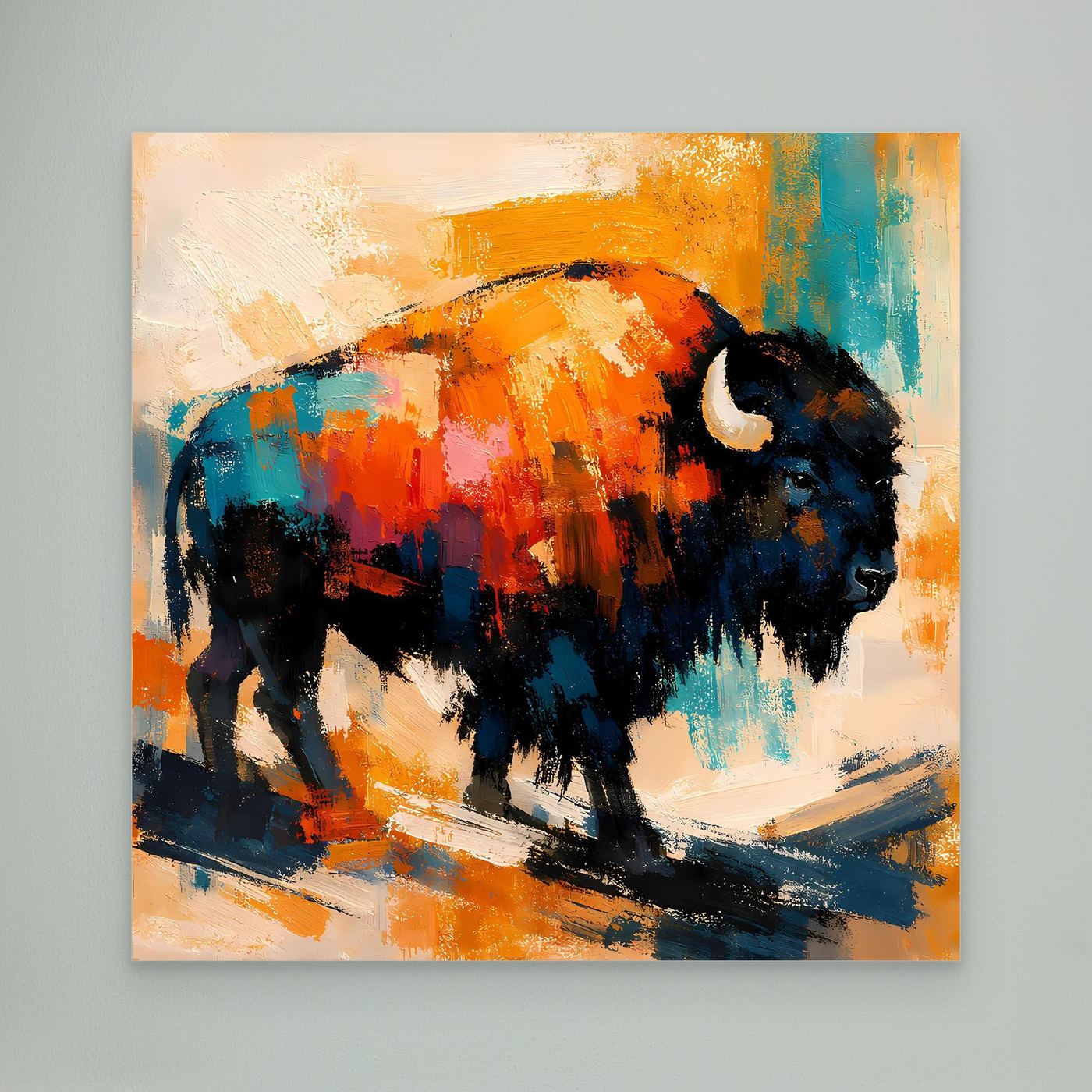 Framed modern abstract bison wall art with orange body, teal accents, and dark blue strokes