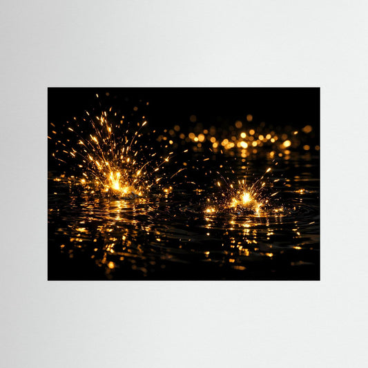 Abstraktes Wandbild Querformat: goldene Funken auf dunklem Wasser, schwarzer Rahmen