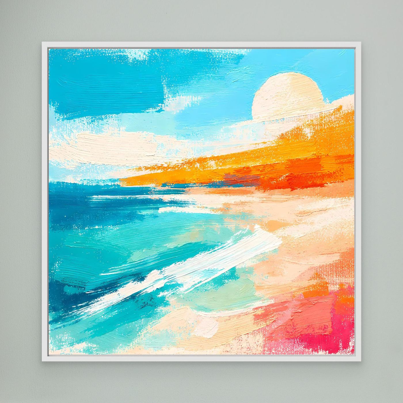Abstract beach wall art: teal ocean, orange shore, pale sun; white frame