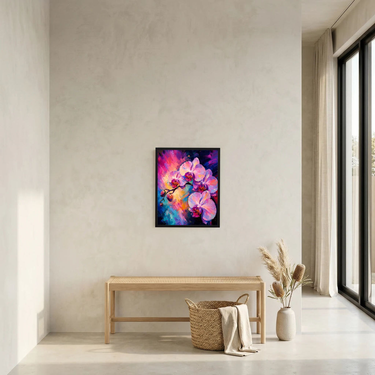 Wand-Kunstposter mit abstrakten rosa Orchideenblüten in bunten Blau‑Lila‑Tönen