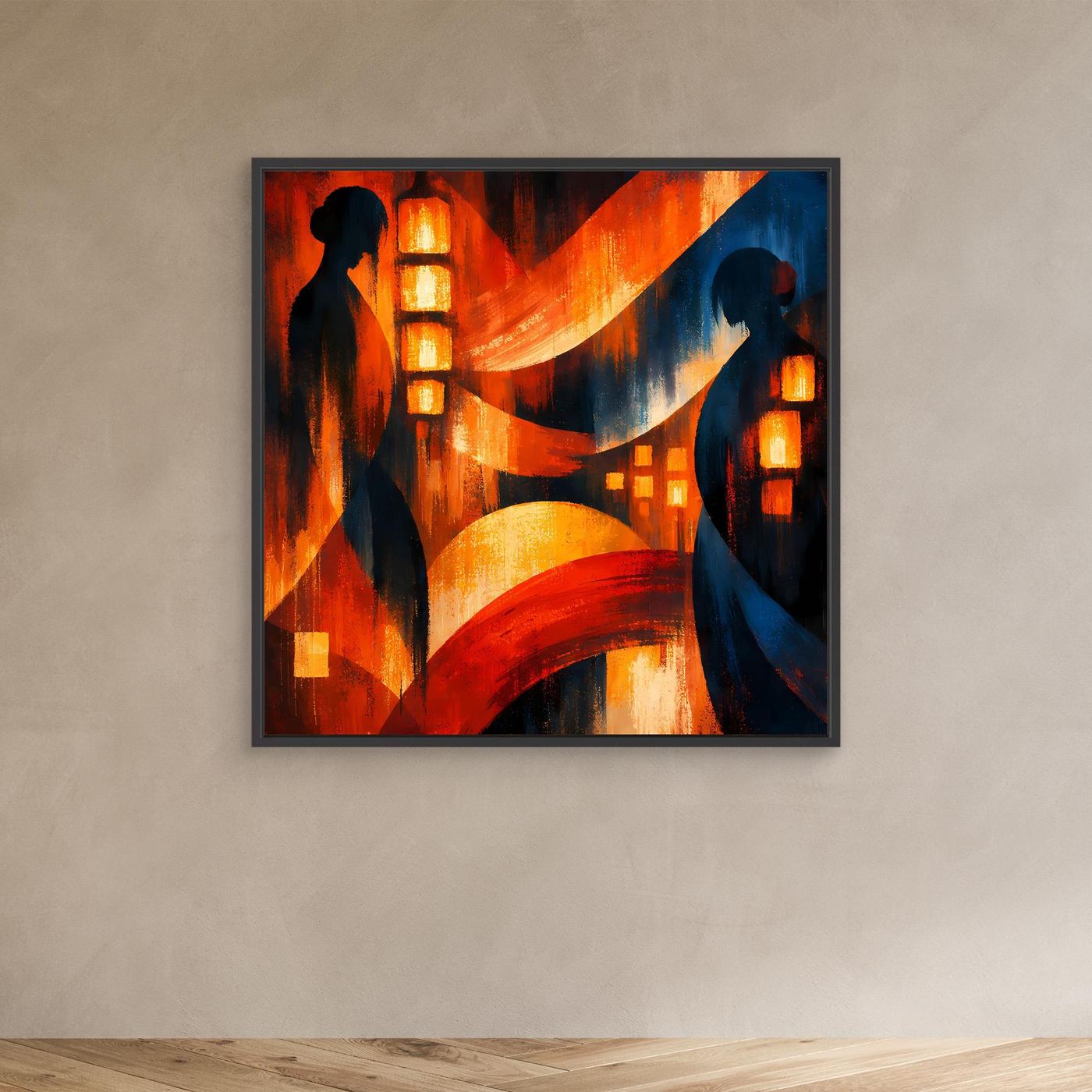Japanisches Wandbild mit schwarzem Rahmen und zwei Geisha-Silhouetten, Laternen im Rot-Blau-Motiv