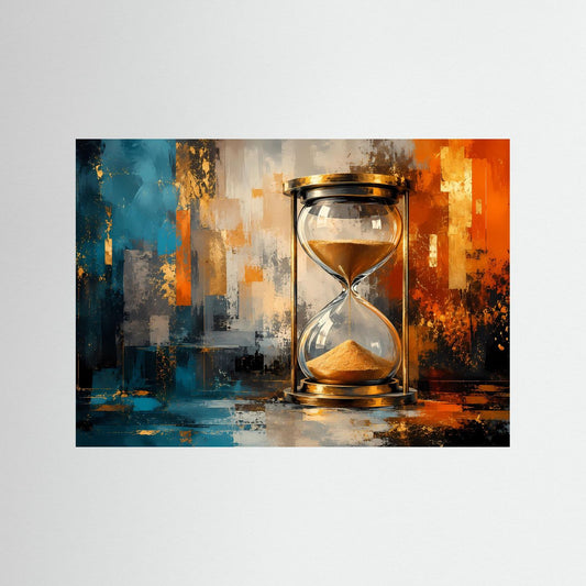 Abstraktes Querformat-Kunstposter mit goldener Sanduhr, blauen und orangefarbenen Farbfeldern.