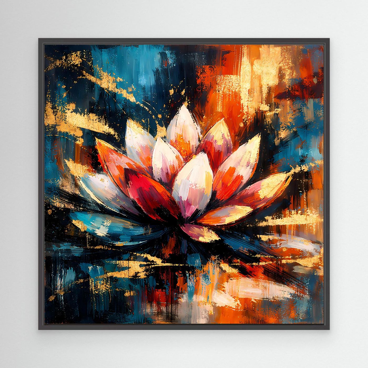 Leinwandbild mit abstrakter Lotusblüte in Blau, Rot und Gold im schwarzen Rahmen