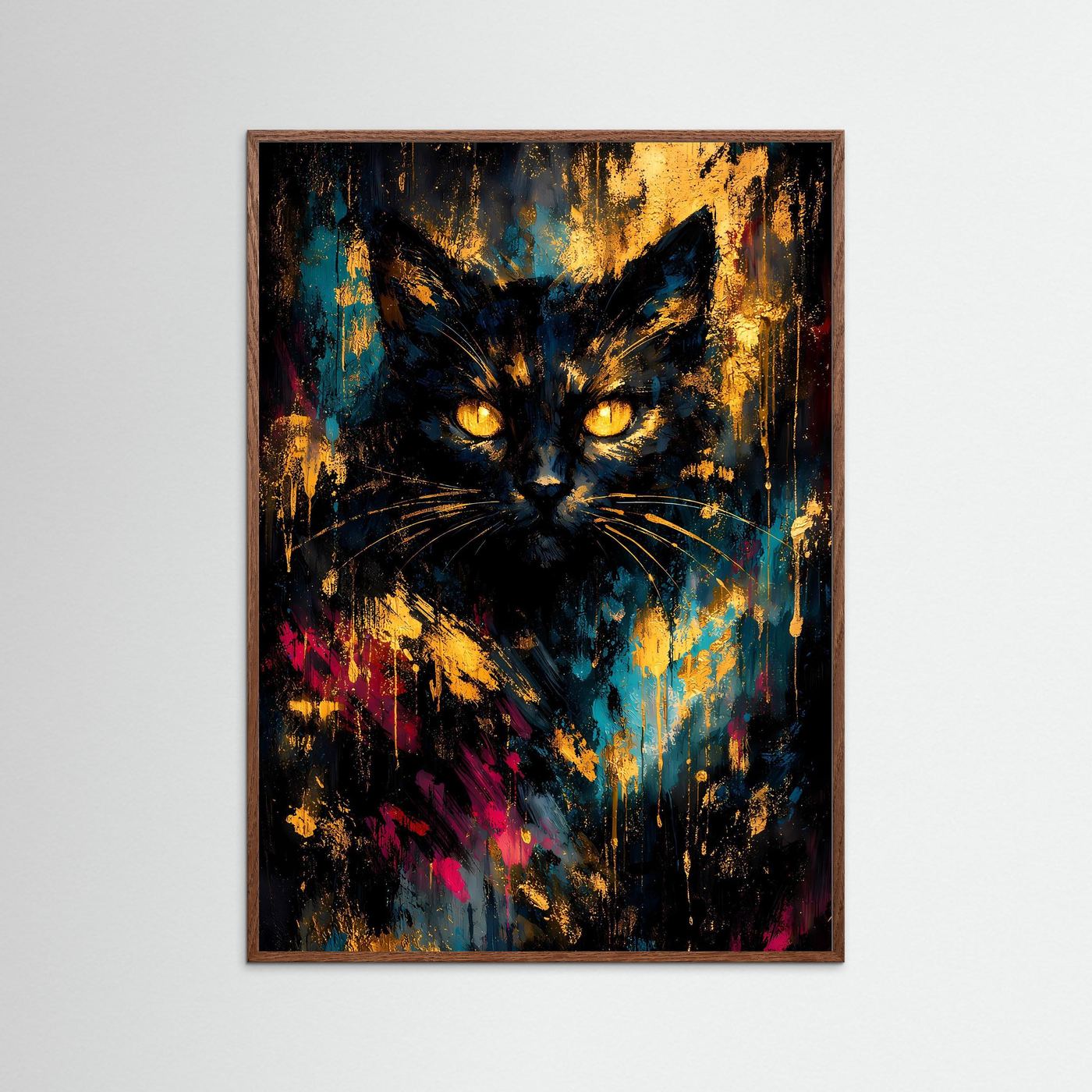 Abstraktes Katzen-Poster, goldene Effekte und bunte Spritzfarben, dunkler Holzrahmen