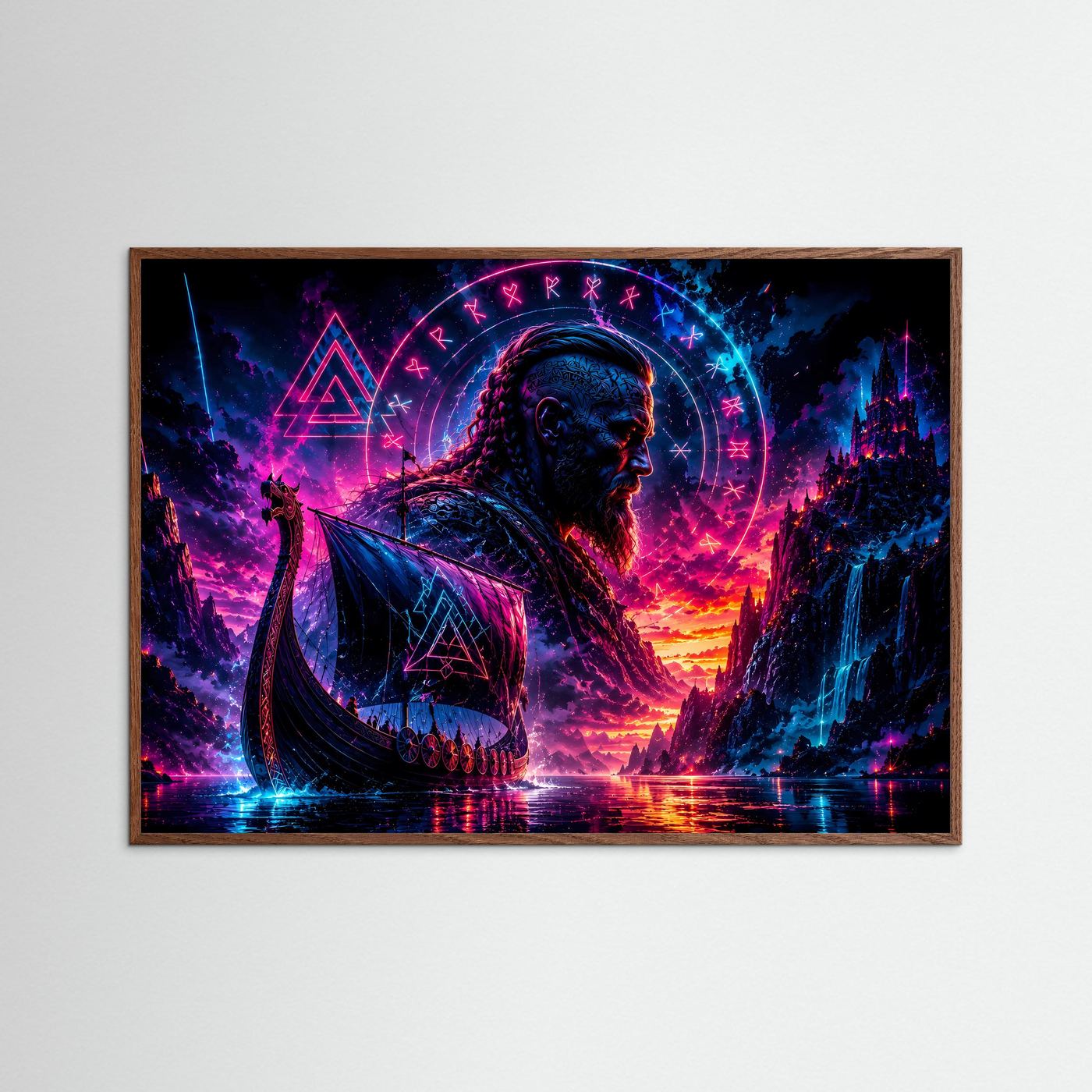 Wikinger im Neonlicht | Mystische nordische Wandkunst mit Runen