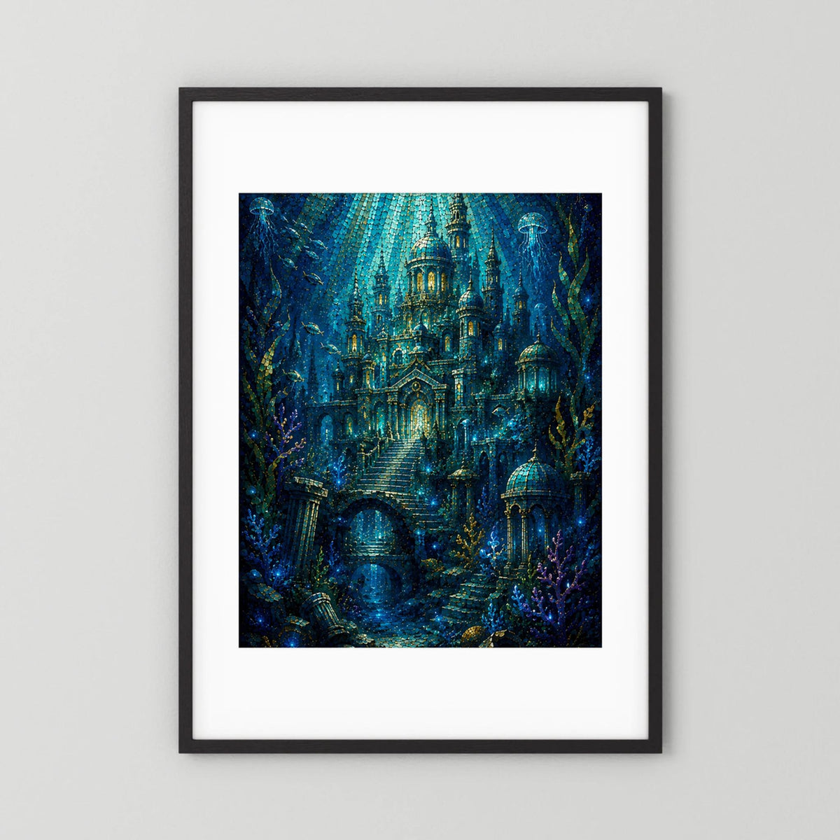 Gerahmtes Hochformat-Poster mit Unterwasserstadt im Mosaikstil, Blau und Gold, schwarzer Rahmen