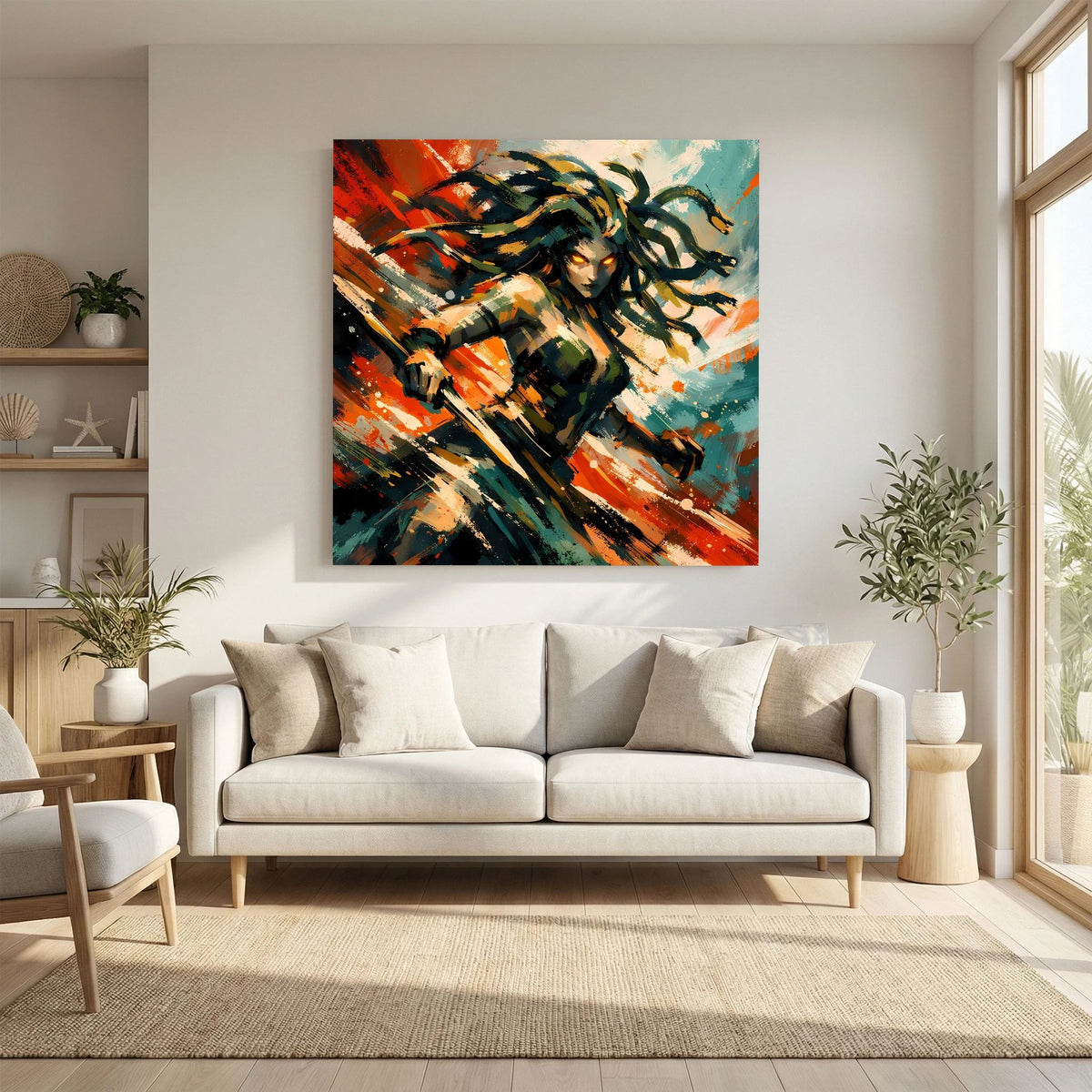 Leinwand-Wandbild mit Medusa, dynamische Farbflächen in Orange, Türkis und Schwarz, nach vorne greifend
