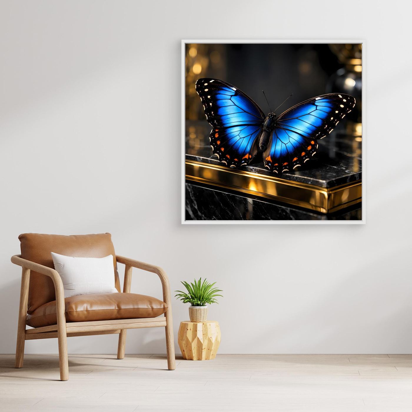 Gold gerahmtes Leinwandbild mit blauem Schmetterling und goldener Leiste im Bild