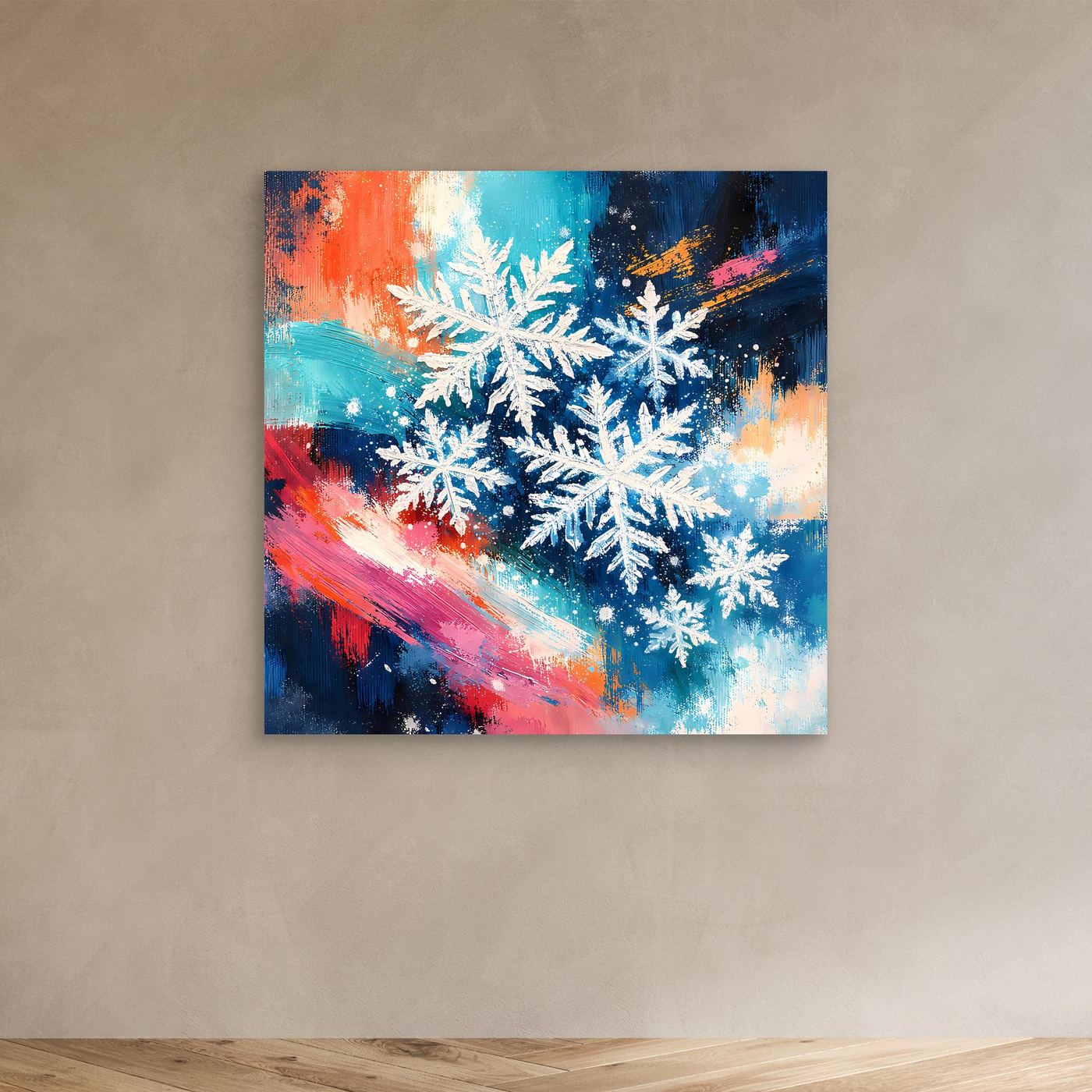 Wandbild mit abstrakten weißen Schneeflocken auf buntem winterlichem Hintergrund