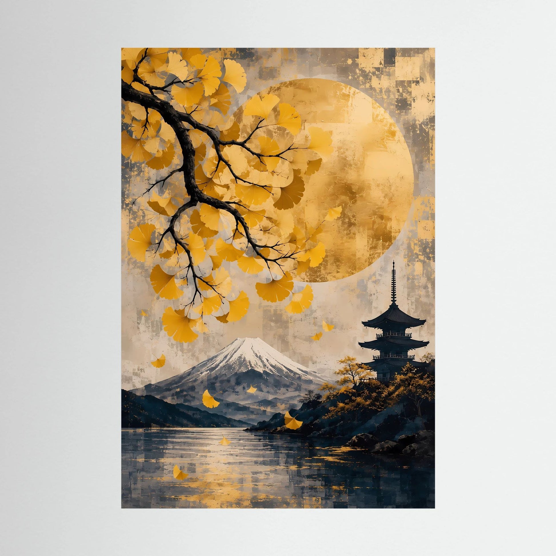 Poster im Hochformat mit japanischer Landschaft: Fuji, Pagode, goldgelbe Ginkgoblätter und Mond