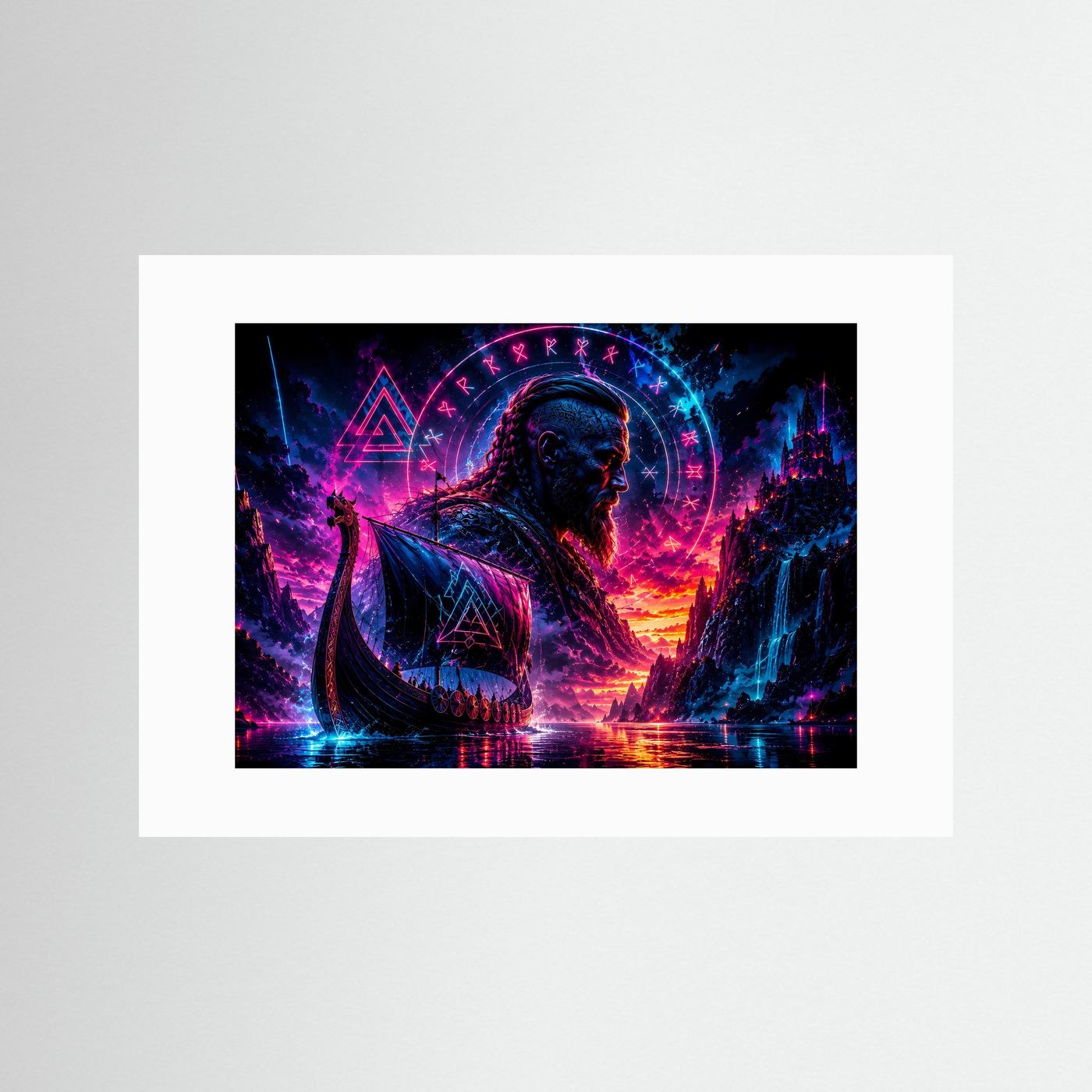 Wikinger im Neonlicht | Mystische nordische Wandkunst mit Runen