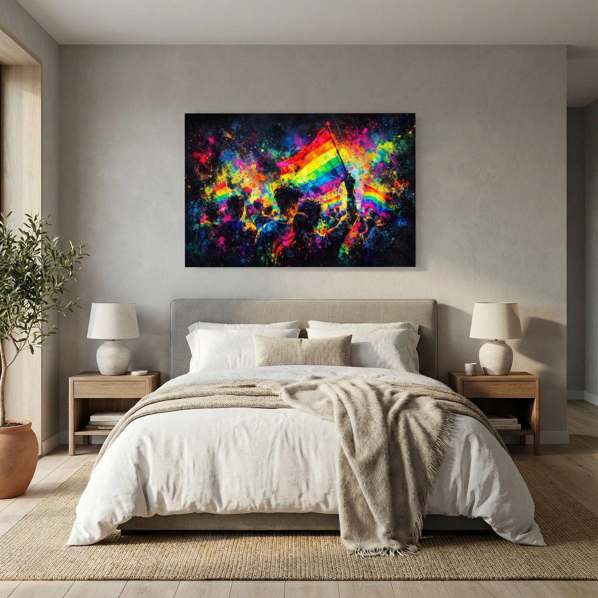 Wandbild (Querformat) mit Regenbogenflagge und silhouettierten Menschen in leuchtenden Farben