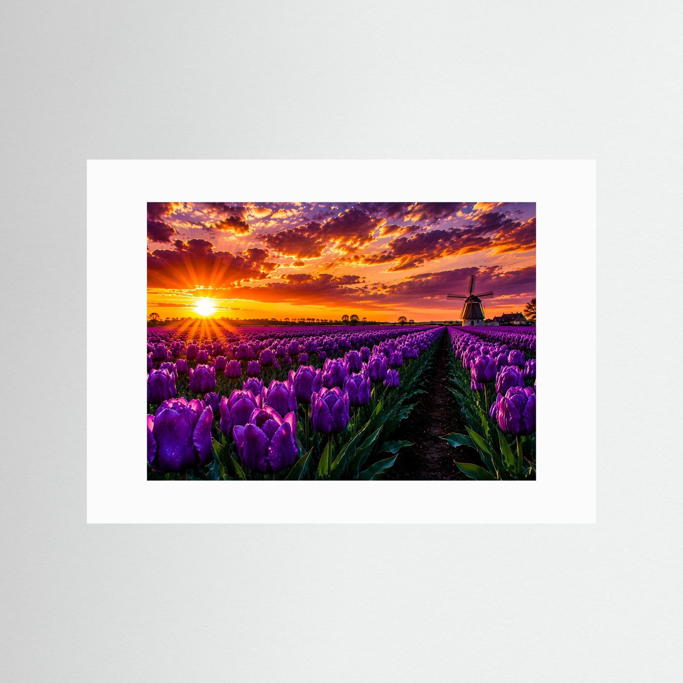 Poster mit violetten Tulpen und Windmühle bei Sonnenuntergang, Querformat, Passepartout