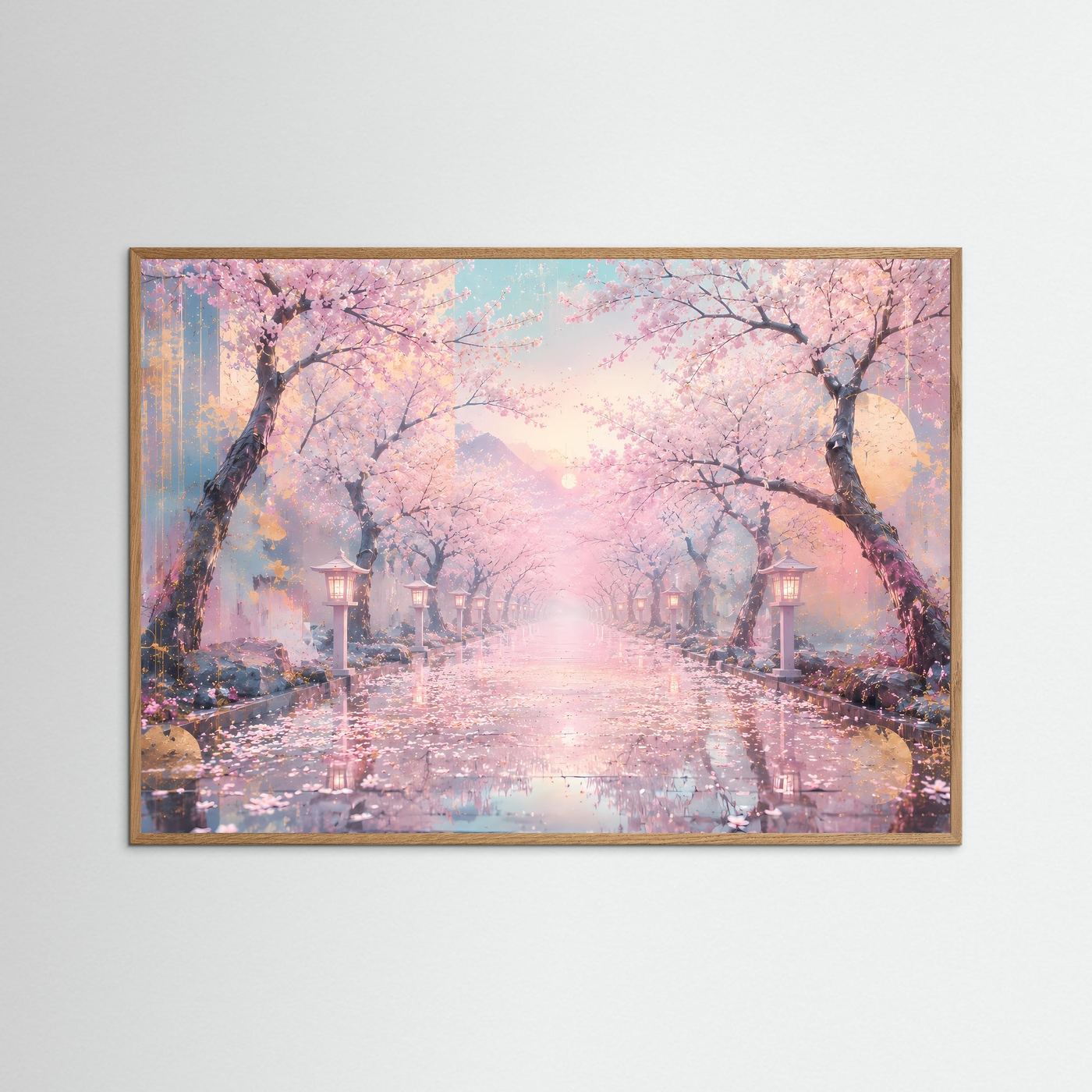 Kirschblütenweg im Morgenlicht | Japanische Sakura Landschaft in Rosa & Gold – Elegante Wandkunst