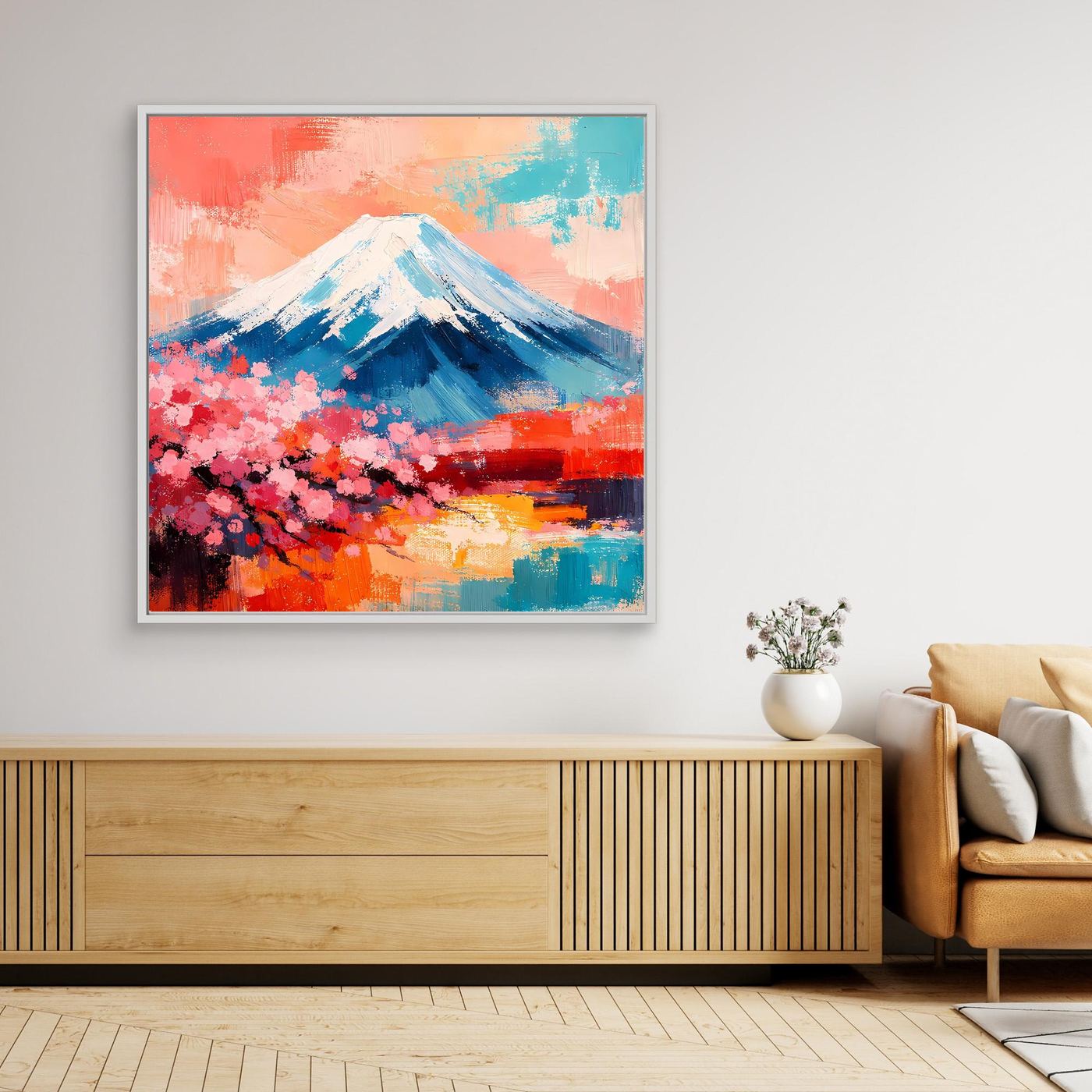 Abstraktes Wandbild mit Berg Fuji und Kirschblüten, farbenfroher Leinwanddruck im hellen Rahmen