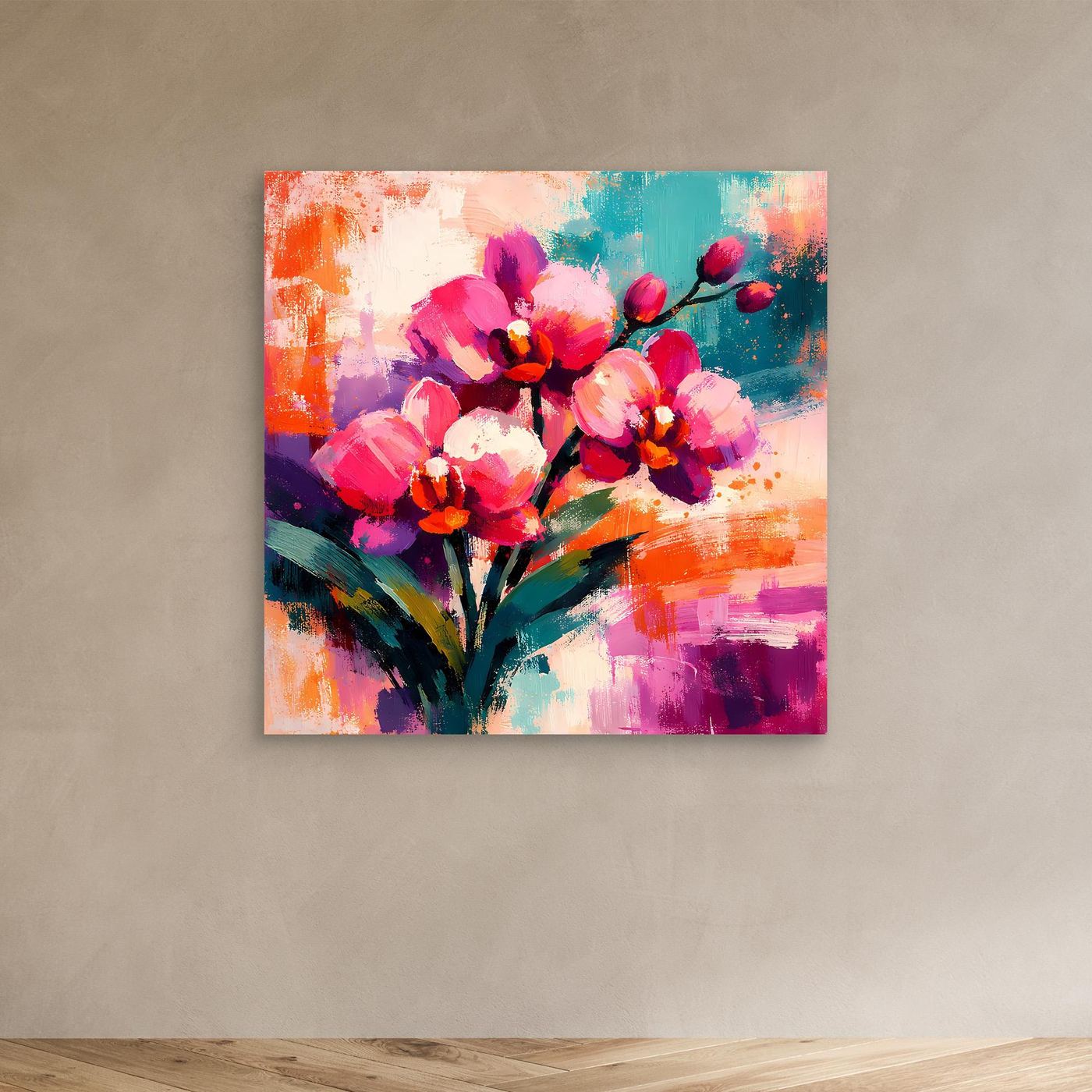 Orchideen-Leinwandbild im abstrakten Stil mit bunten Farben, ohne Rahmen