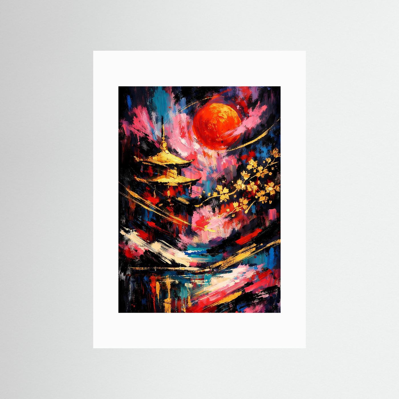 Abstraktes Pagoden-Poster (Hochformat) mit Sonnenmotiv, weißes Passepartout