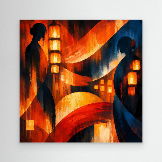 Japanisches Wandbild auf Leinwand mit zwei Geisha-Silhouetten und Laternen, abstraktem Rot-Blau-Motiv
