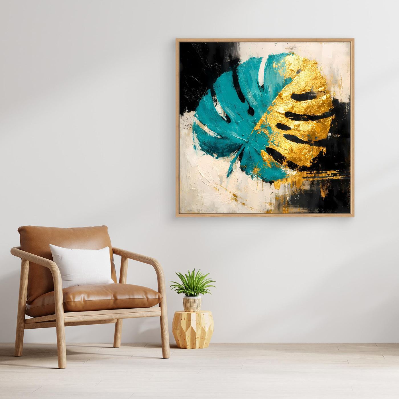 Leinwand Abstraktes Monstera Gemälde in Türkis und Gold | Modernes Botanik Wandbild