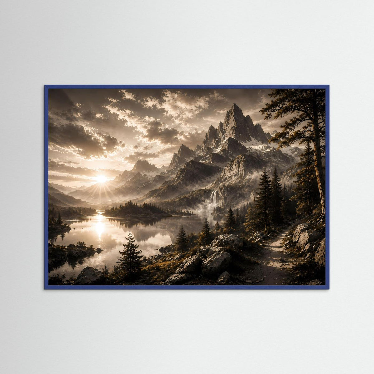 Querformat-Poster Berg-See-Landschaft bei Sonnenaufgang mit blauem Holzrahmen