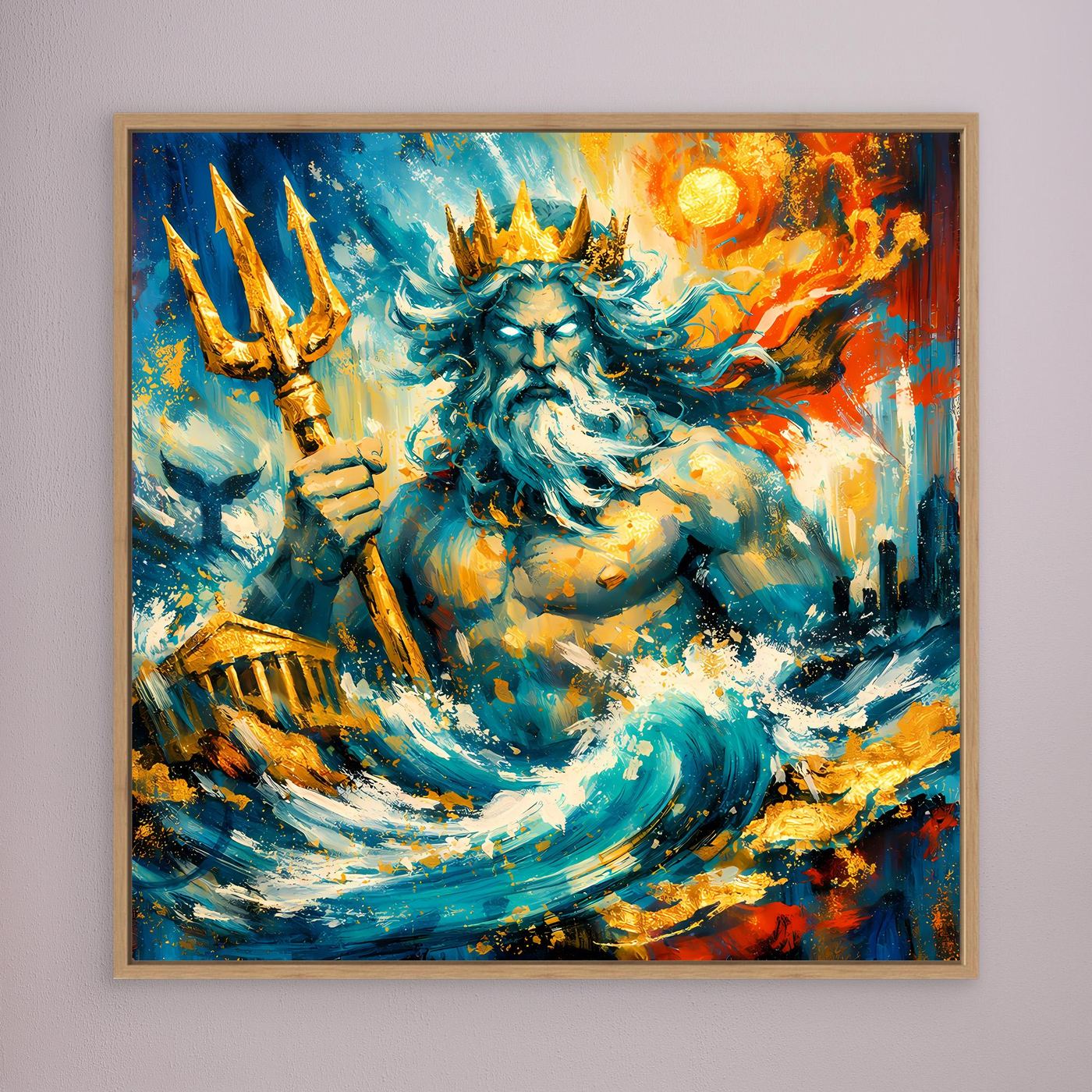 Leinwandbild mit abstrakter Poseidon-Meerfigur, farbenfrohe Pinselstruktur, goldbrauner Rahmen