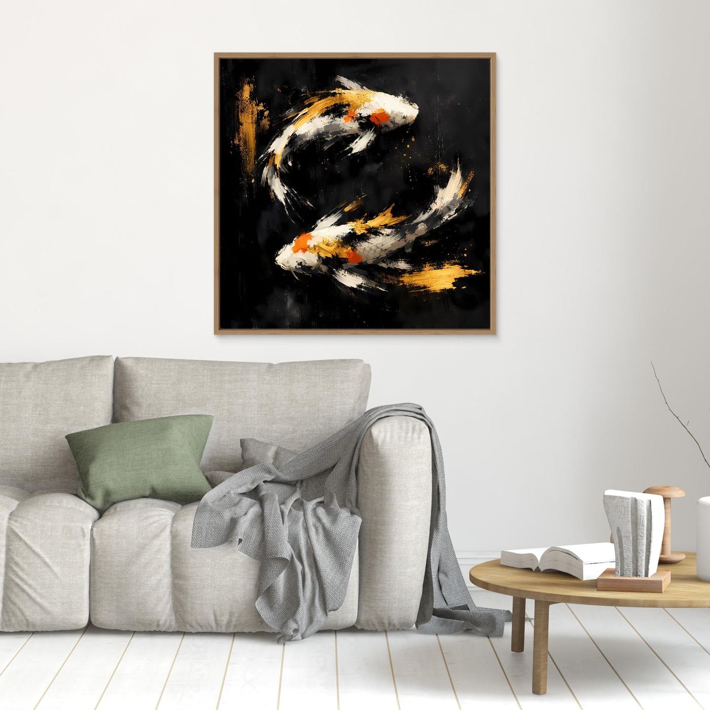 Leinwand Abstrakte Koi-Fische in Gold und Orange | Modernes Yin Yang Wandbild