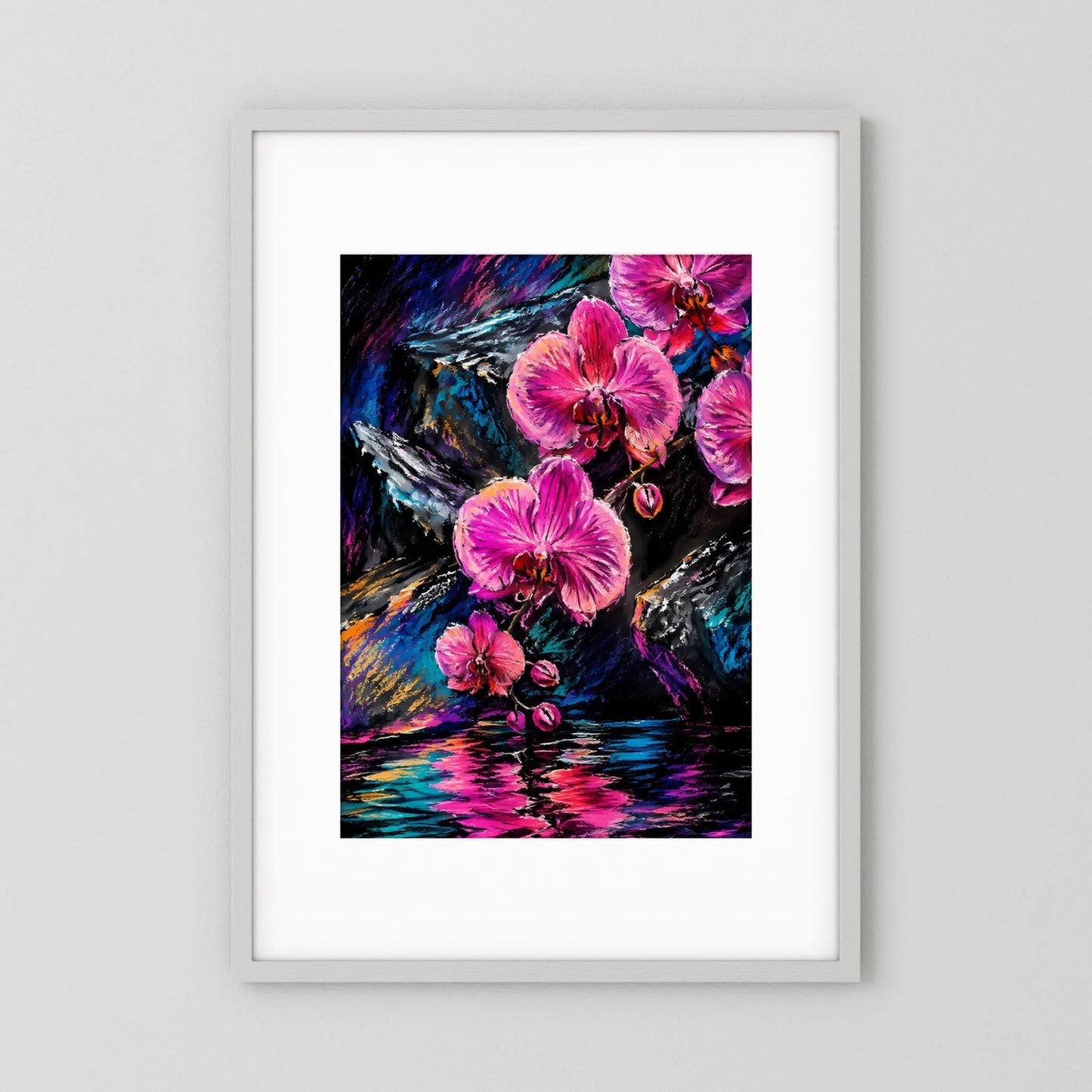 Hochformatiges Poster mit abstrakten pinken Orchideen auf farbigem Neon-Motiv
